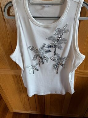 Chico's White Tank with Silver Sequin Palm Motif
